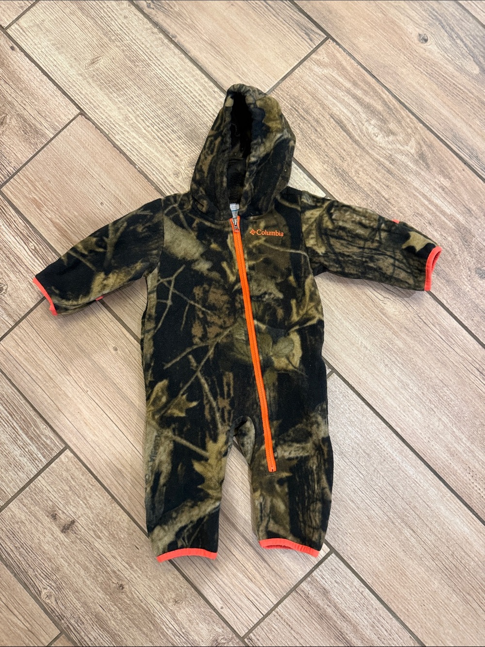 Columbia Olive & Black Camo Fleece Hooded One-Piece with Orange Trim